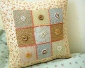 Patchwork Pillow with Vintage Style Buttons/ Pink Hand Embroidered Stitching