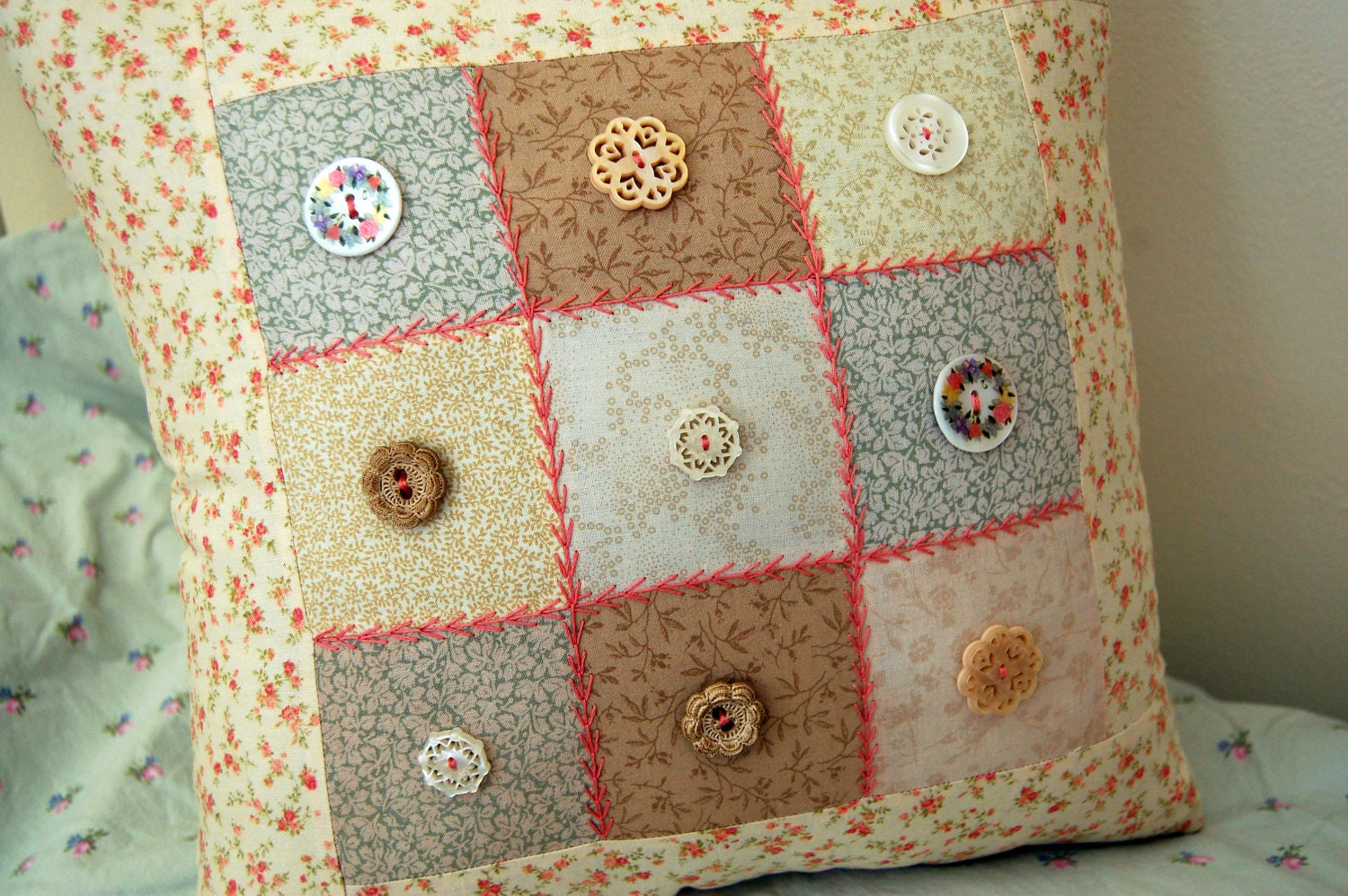 Patchwork Pillow with Vintage Style Buttons/ Pink Hand Embroidered Stitching