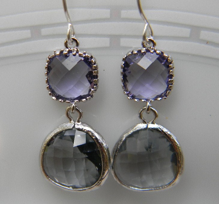 Charcoal Gray and Purple Amethyst Earrings in Sterling Silver-Bride-Wedding Jewelry