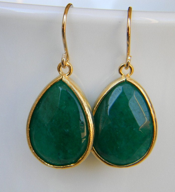 Emerald Green Jade Earrings Trimmed in Gold-Bridal-Saint Patricks Day