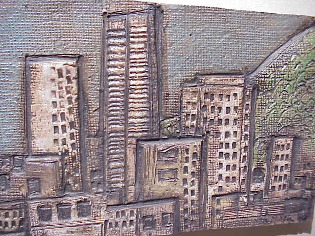 Signed Original Art Pottery CityScape Wall Sculpture Framed Mid-Century Modern