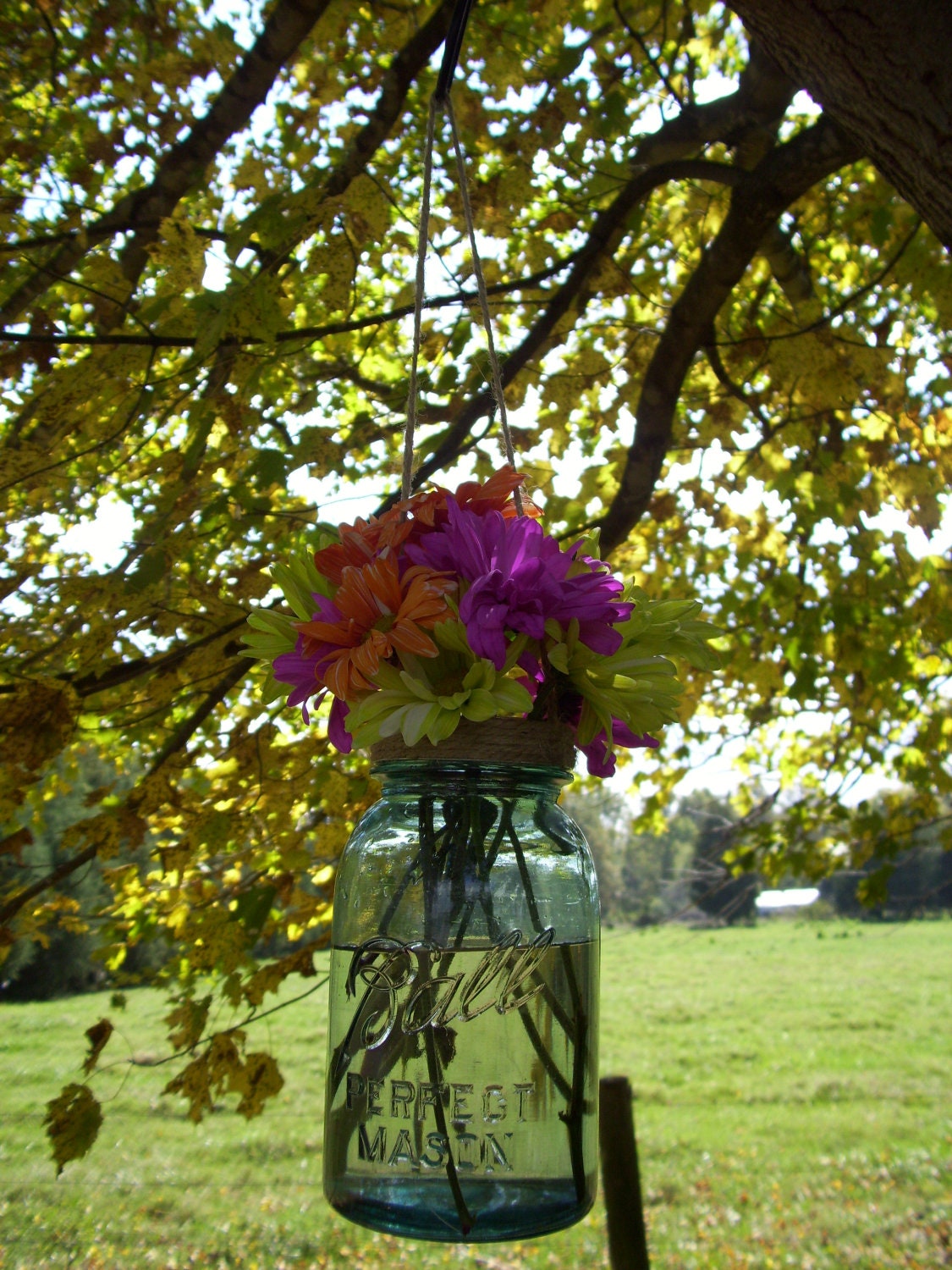 Mason Jar Wedding Decorations Hanging Mason Jar Twine Covered Lids Reception Decorations Country Spring Wedding Set of 10
