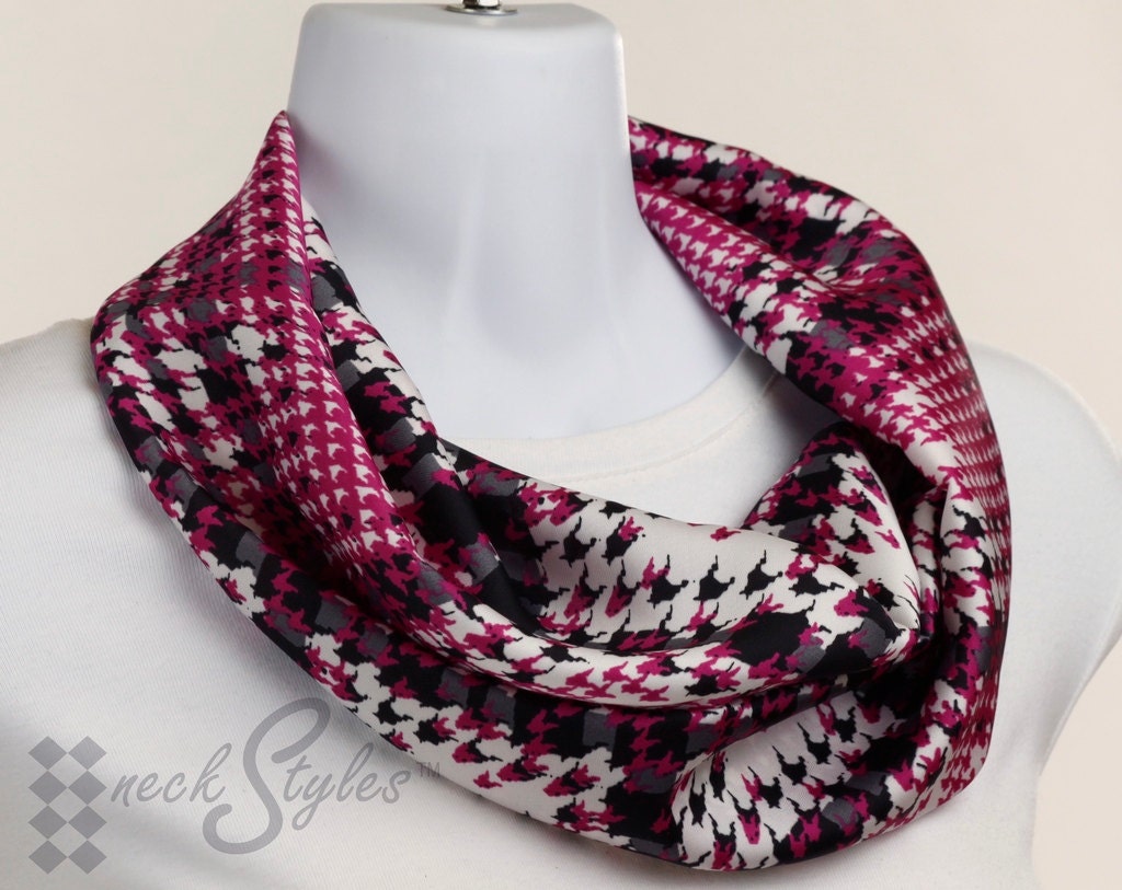 Trendy Infinity Scarf Silky Hot Pink, Gray and White Houndstooth
