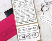 Our Story - Newspaper Wedding Invitation Pocket Fold  - Black, White, Taupe, Hot Pink - Purchase for a Sample