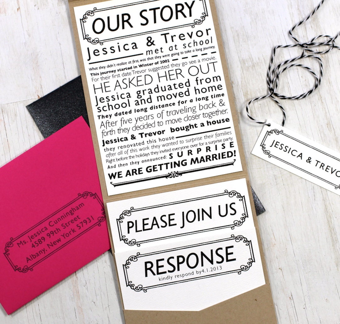 Our Story - Newspaper Wedding Invitation Pocket Fold  - Black, White, Taupe, Hot Pink - Purchase for a Sample