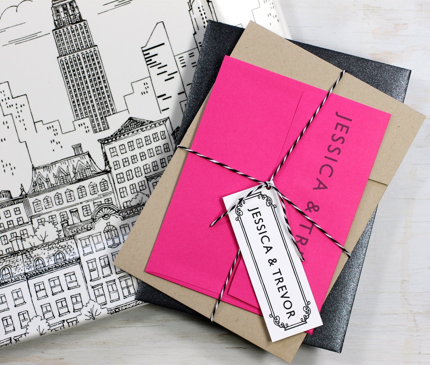 Our Story - Newspaper Wedding Invitation Pocket Fold  - Black, White, Taupe, Hot Pink - Purchase for a Sample