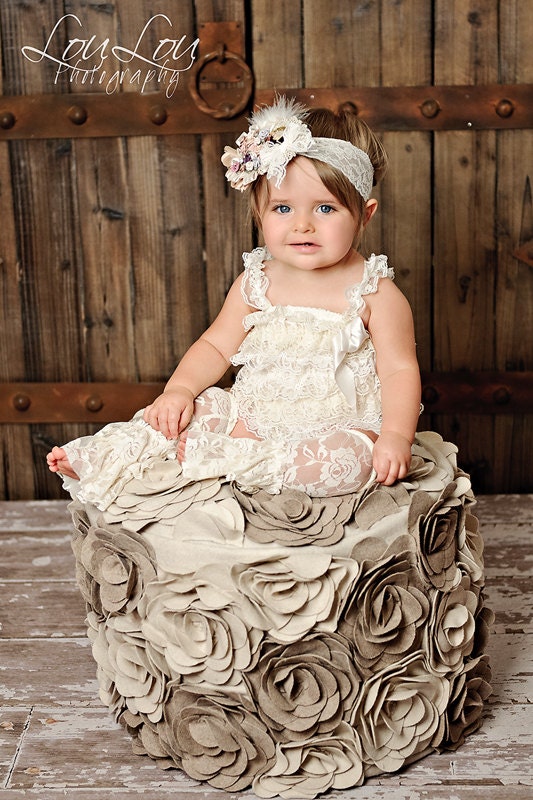CAMEO COUTURE Pastel Ivory Rosette Lace Headband Photography Prop
