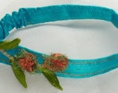 Silk Elastic Headband Hair Fascinator Turqoise Band Orange Fringe Flower Lime Green Leaves Metallic Braid by MaryGwyneth