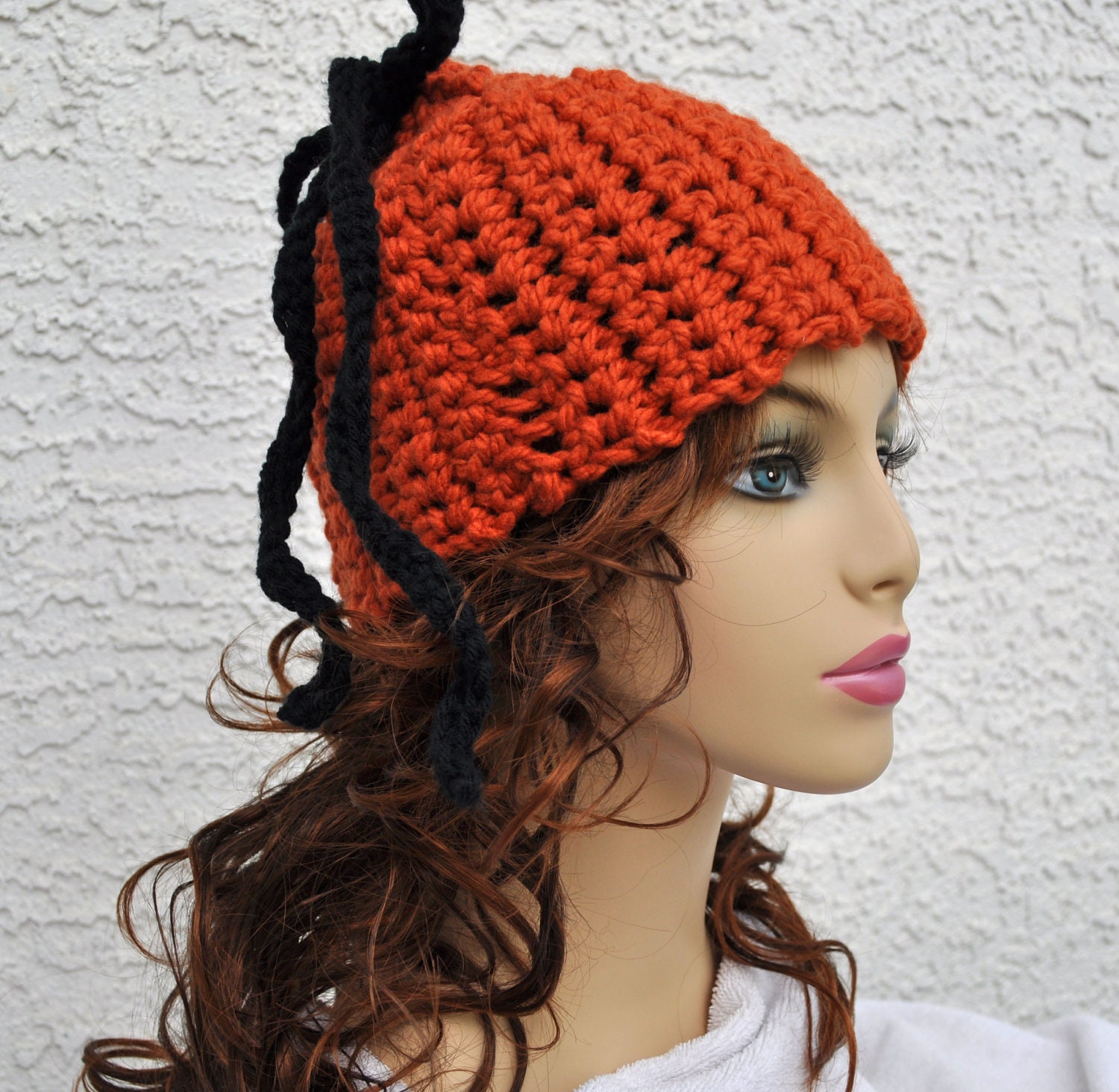 Pumpkin Orange Beanie Hat with Black Tied Bow Trim
