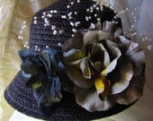 1920's Style Grey Cloche Hat Vintage Fashion Roses Pearls UPCYCLED