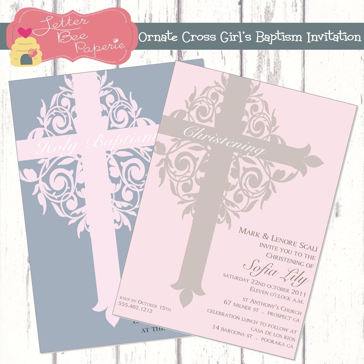 Ornate Cross Girl's Baptism / Christening Invitation - Choose Your Colors- Printable DIY File Il_570xn