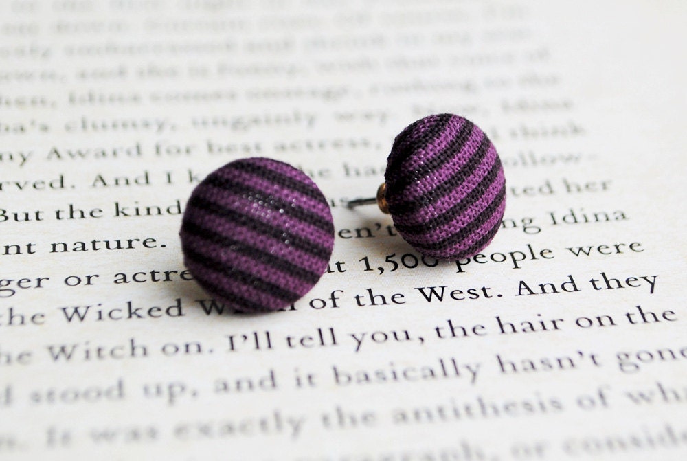 Purple Stripe Button Earrings, Pinstripe, Nickel Free
