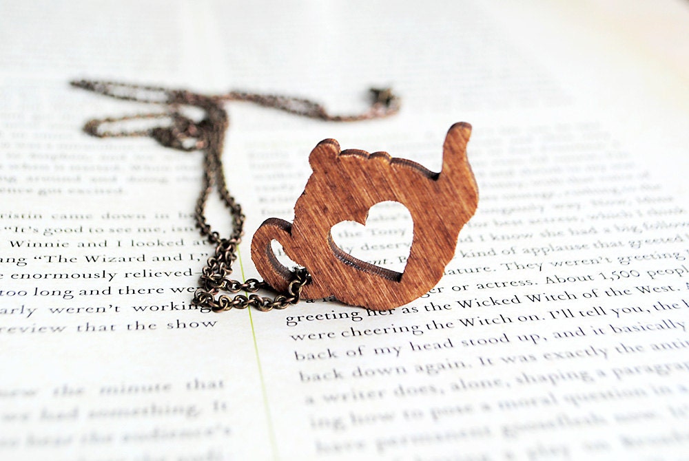 Tea Lover Necklace, Tea Pot Heart, Wooden