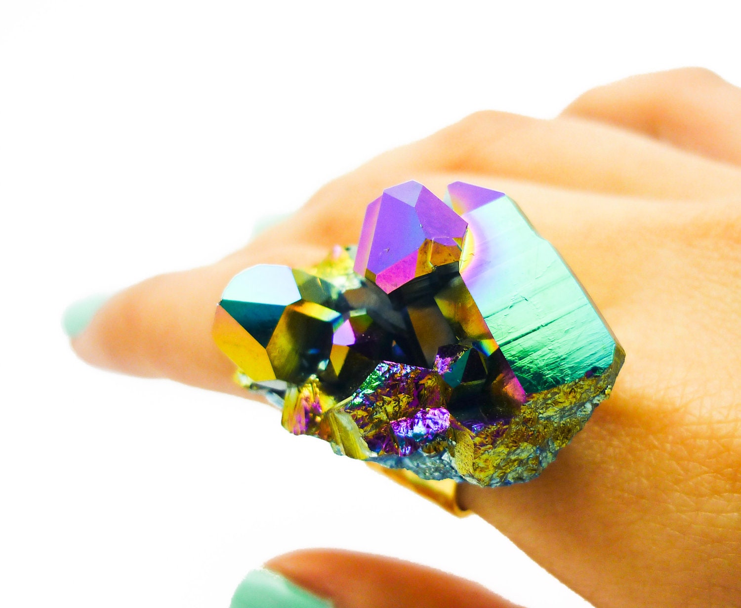 Titanium Quartz Rainbow Druzy Ring Aura Crystal Stone Cluster