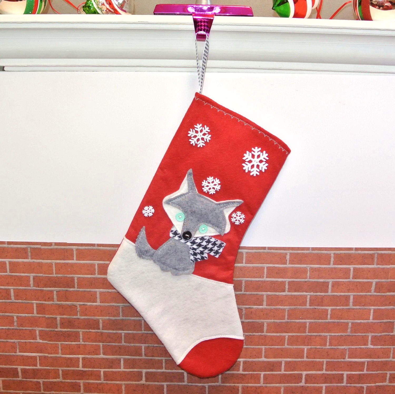Wolf Christmas Stocking in Red by Allenbrite Studio