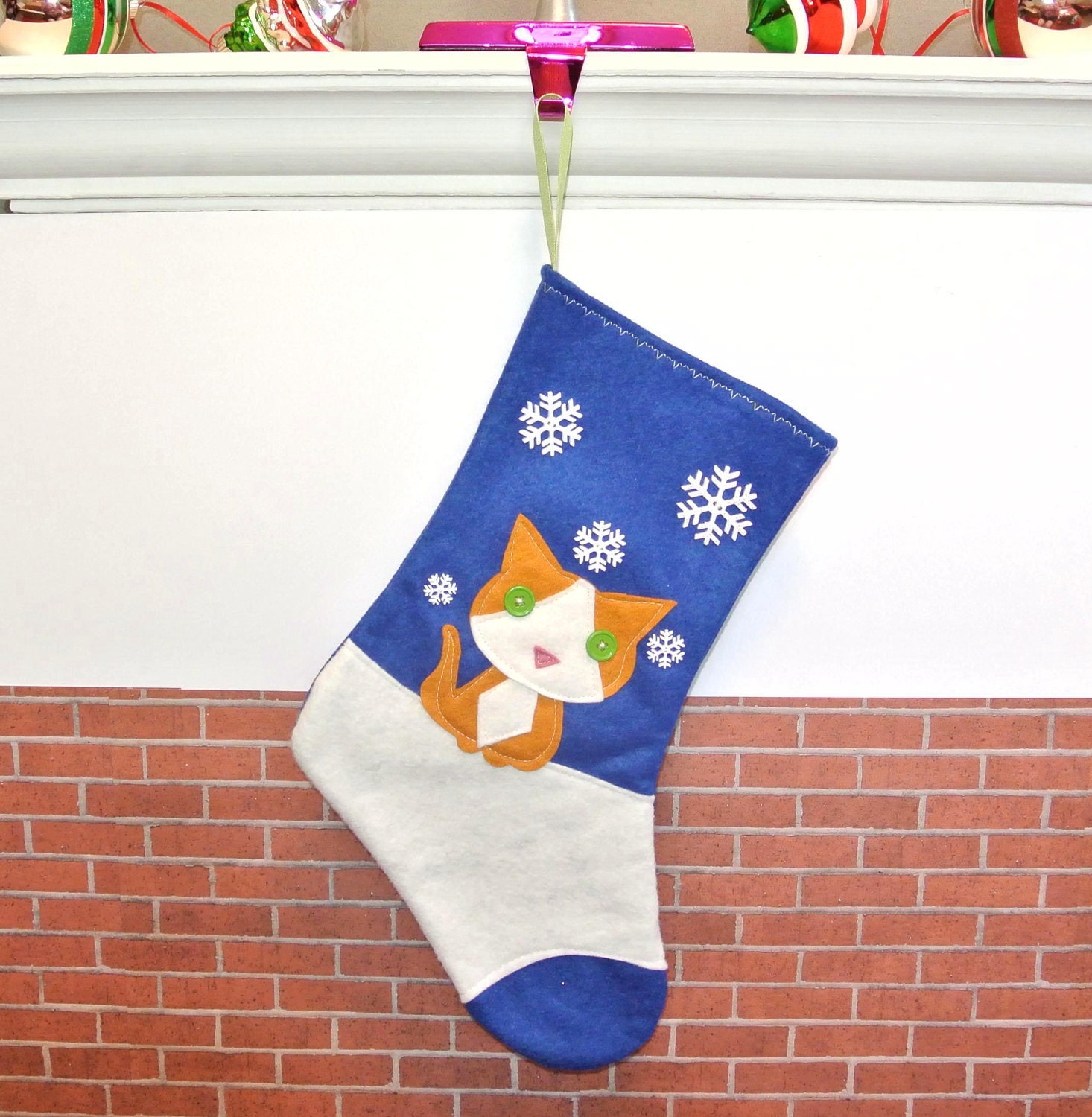 Orange Cat Christmas Stocking in Sapphire Blue by Allenbrite Studio