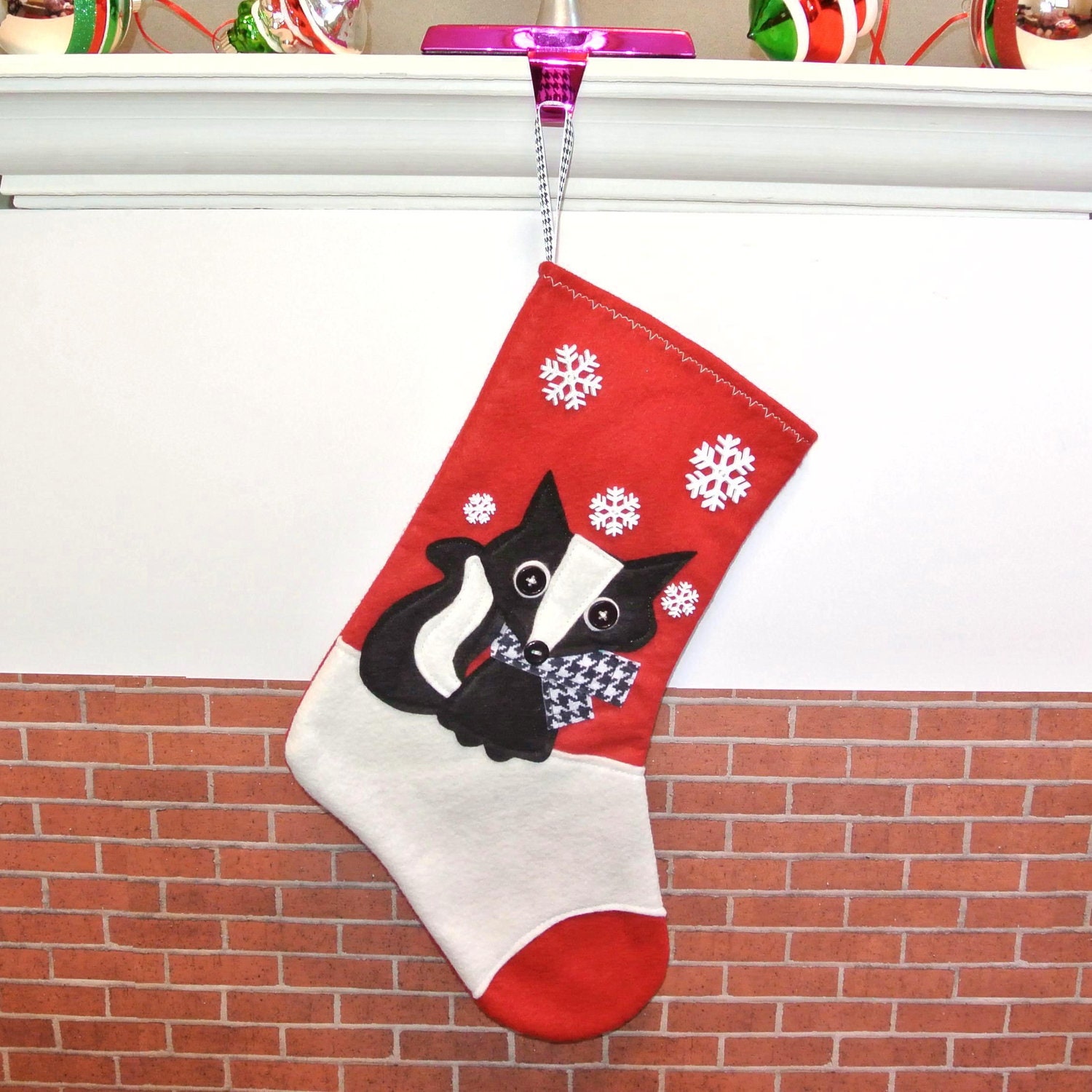 Skunk Christmas Stocking in Red by Allenbrite Studio