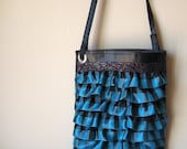 mini strappy (cross body) bag ----  black vinyl with ribbon ruffles of blue teal plaid