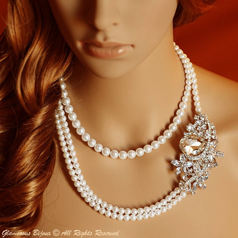 LUNET, Victorian Style Rhinestone and Pearl Bridal Wedding Necklace, Art Deco Wedding Bridal Necklace, Ivory Vintage Wedding Bridal Jewelry