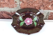 Small Brown Glazed Ceramic Ashtray w/ Pink Flower - Handmade - Hand Painted - Mini - Hippie Retro - Decor - Housewares
