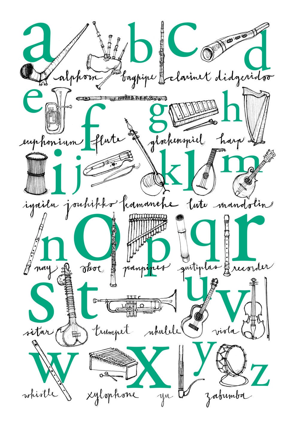 Alphabet Poster: A to Z of Musical Instruments - 13x19, 12x18 Illustrated Print in Emerald - Pantone 2013 color of the year