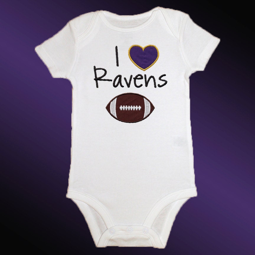 Onesie Bodysuit Baby Shirt - I Love Ravens Football Applique - Embroidered Short or Long Sleeved - Free Shipping