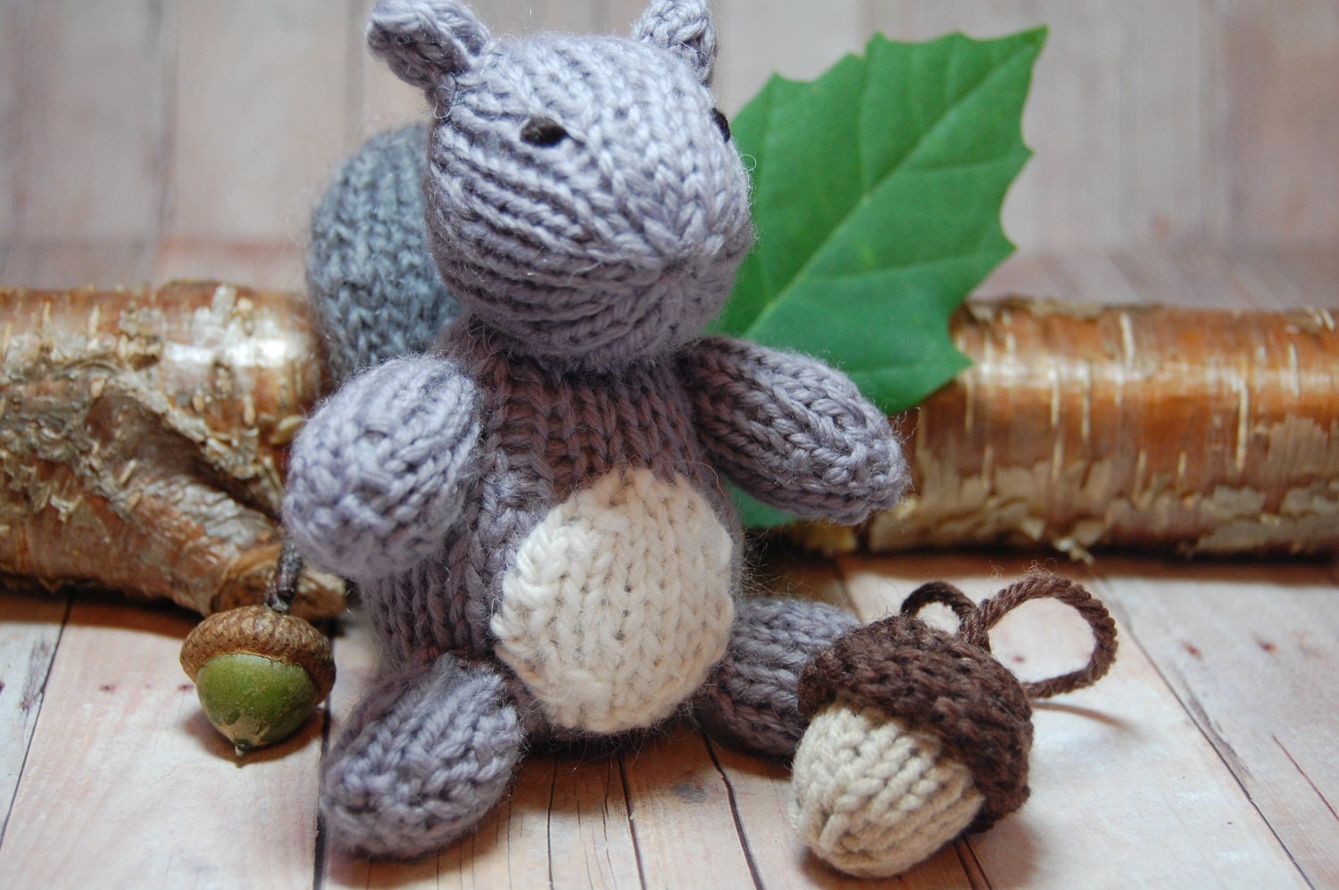 Gray Squirrel with Acorn Knit Waldorf Stuffed Woodland Animal Toy for Children Nursery Decor Grey White Natural Fibers Fall Autumn