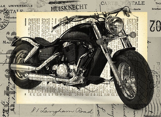 Harley Davidson bike Collage Art Print on old Dictionary Page and mate