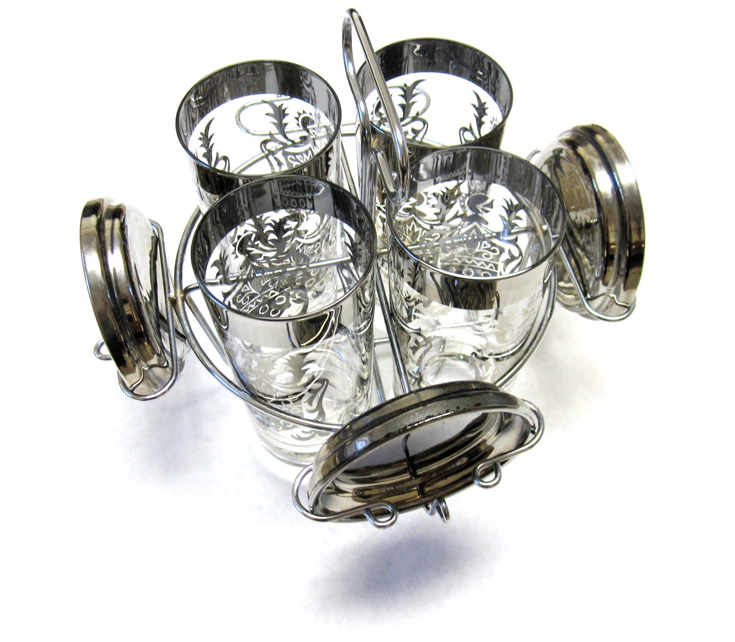 Vintage Bar Ware Glasses Kimiko Silver Rimmed Set Chrome Caddy Coasters
