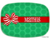 Monogram PLATTER - Melamine - CHRISTMAS HOLIDAY Name - 3 Letter initial - Personalized Custom green red polka present bow