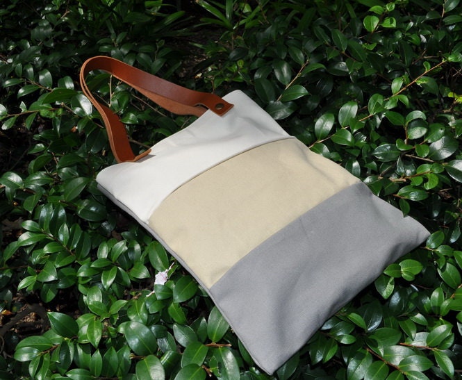 Big Striped Canvas Tote Bag with Leather Strap - Creamy, Walnut and Grey (OWNER WORD)