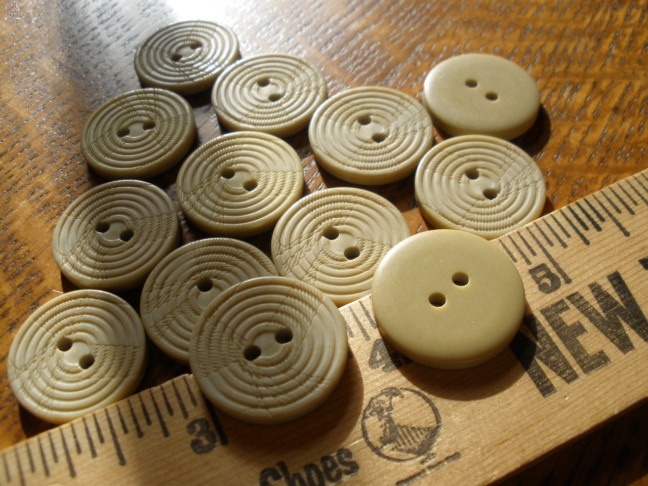 Cool ECRU Buttons- geometric etched look plastic 13 each 32L (13/16" 20MM) ecru 2 hole sew-on sewing scrapbooking crafts bulk