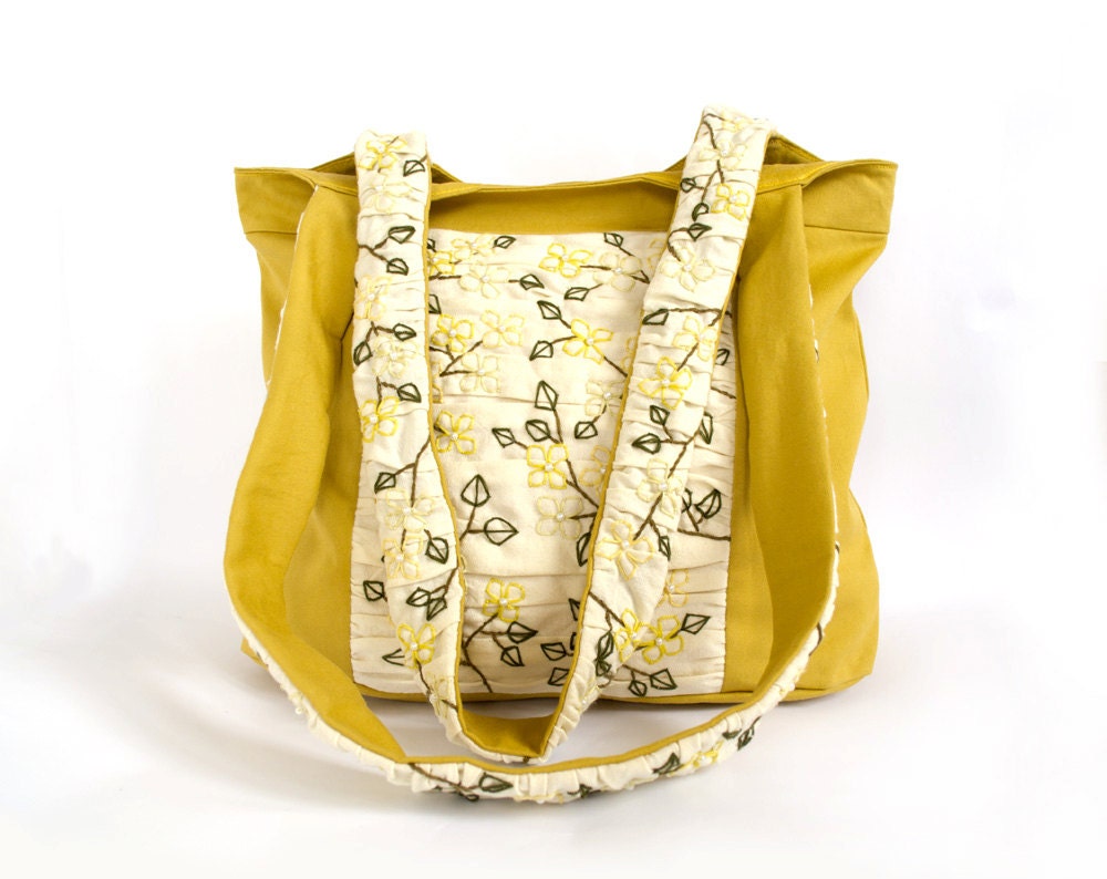 Mustard Yellow Shoulder Bag, Hand-embroidered Flowers