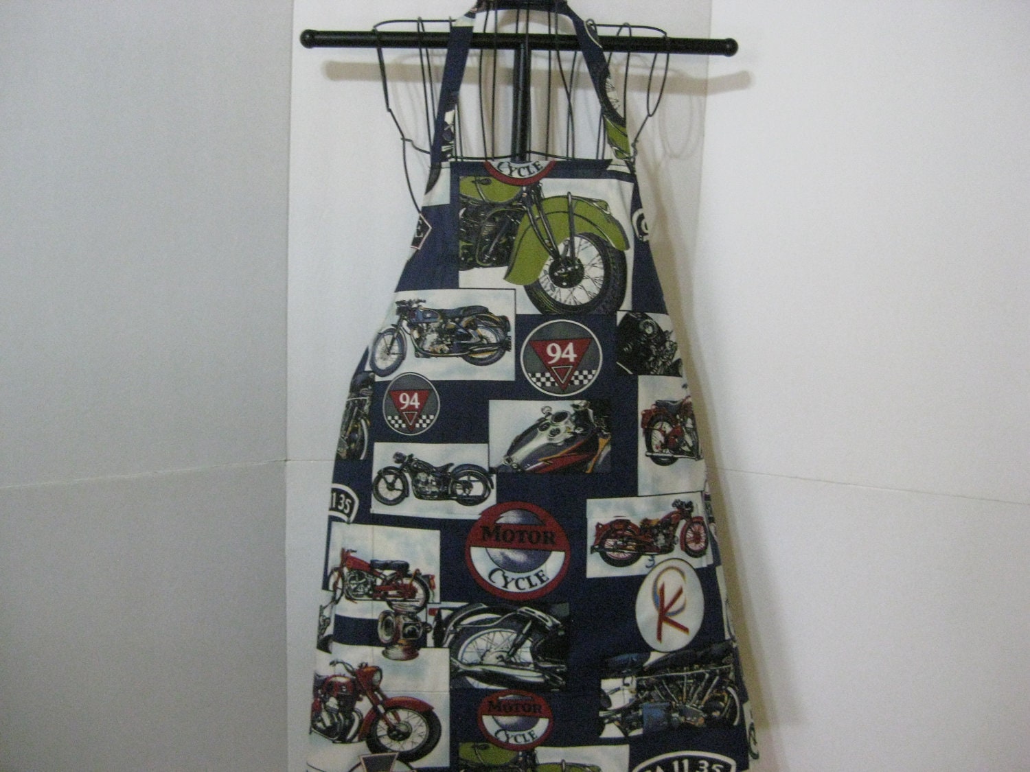 Motor Cycle Apron With All Different Kinds Of Motor Cycle.(  Navy Blue And White)