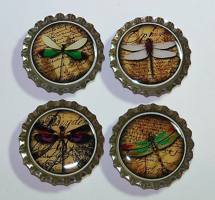 Bottlecap Magnets Or Push Pins Kitchen Magnets Memo Board Pins  Dragonflies
