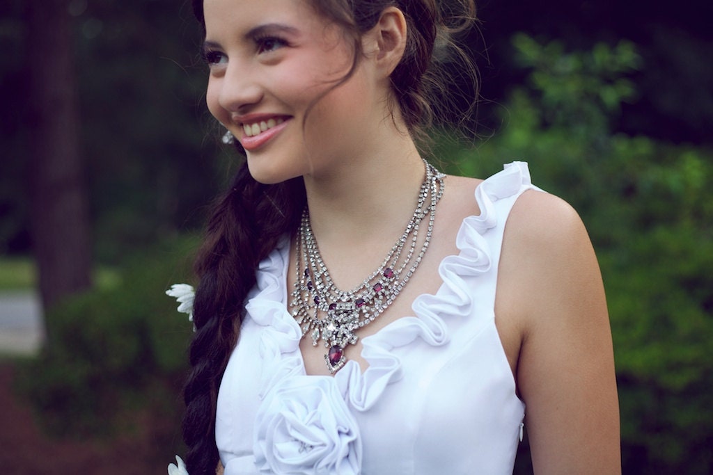 Clear Rhinestone Layered Bridal or Prom Necklace with Purple Accents