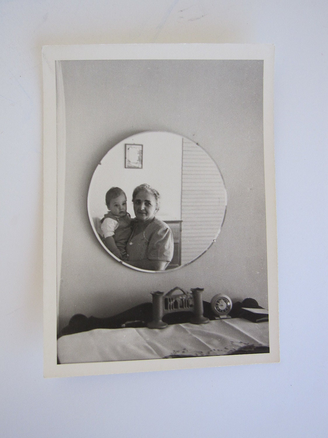 Vintage Photo Grandmother and Baby Looking in Mirror