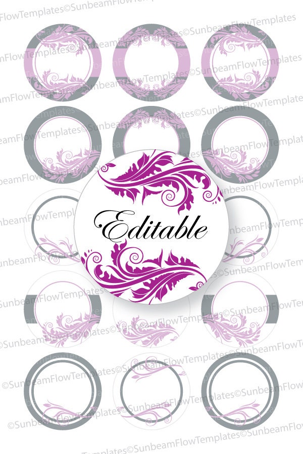 INSTANT DOWNLOAD - 1" Circles 4x6 Editable JPG 65 Ornaments Bottle cap Hairbow Purple Black Embellishment Envelope Decoration Print Your Own