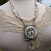 Vintage Porcelain Pendant Necklace- Hand Painted China- Robin Bird in Floral Wreath- Art Deco Buckle- Pink Freshwater Pearls- Pure Romance