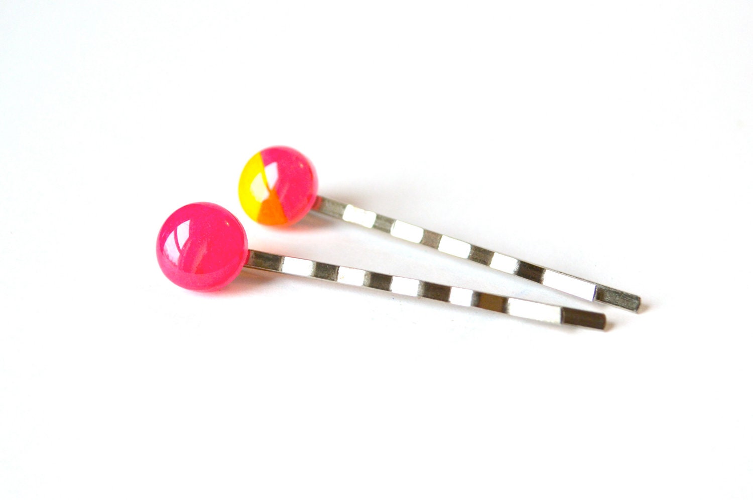 Neon Pink, Orange and Yellow Geometric and Neon Pink Bobbi Pins