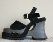 90s Cut Out Black Suede & Cork Super Chunky Platform Ankle Strap Sandals 6 6.5