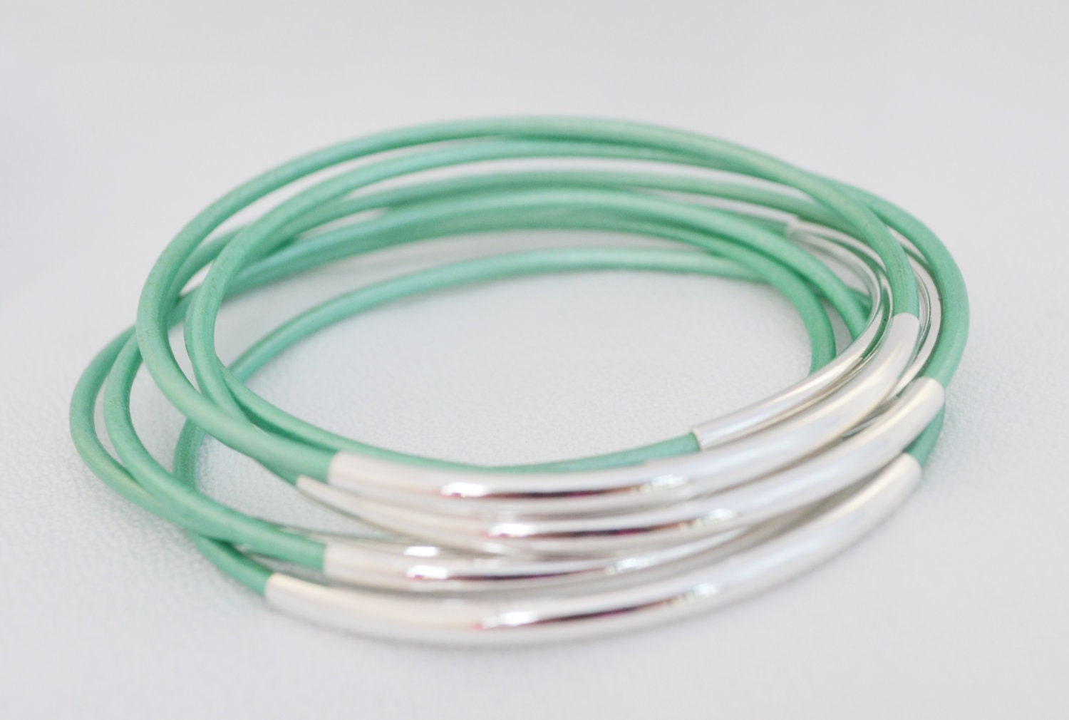 Bangle Bracelets- Oasis Turquoise Leather Bangle Bracelets with Gold or Silver Tube Beads