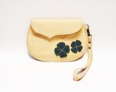 Leather clutch small vanilla handbag emerald green flowers