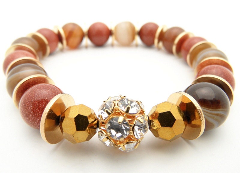 Gold Beaded Bracelet - Natural Chocolate Brown Agate with Swarovski Crystal Bead and Bohemian Fall Jewelry By D. LaPaix