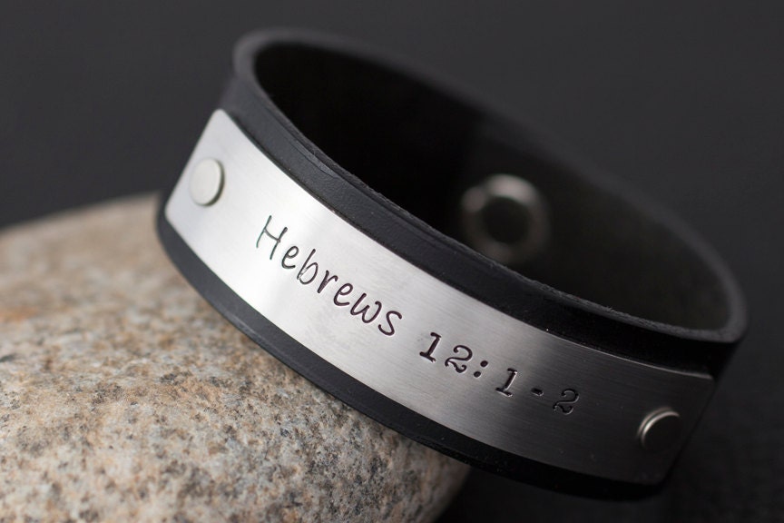 Personalized Bracelet - Hand Stamped Black Leather Bracelet - Handmade Bracelet - Mens Jewelry, Bible Verse