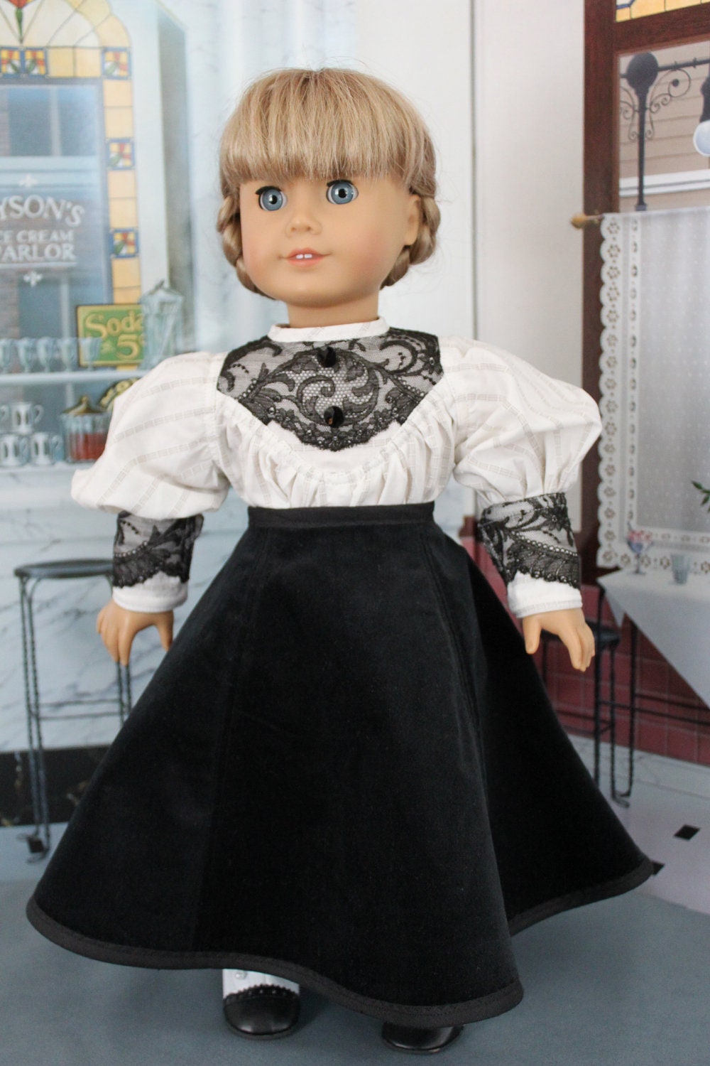 American Girl Doll Clothes -- Victorian Style Blouse with Black Lace Overlay & Black Velveteen Skirt -- C49