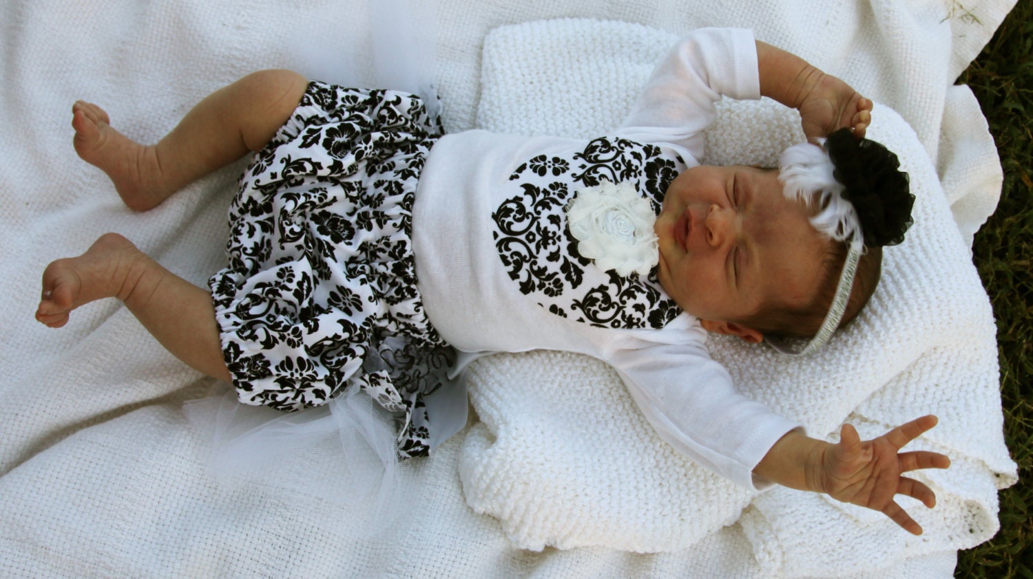 Girls Coming Home outfit Damask Custom Ruffled Bloomers and Onesie Set