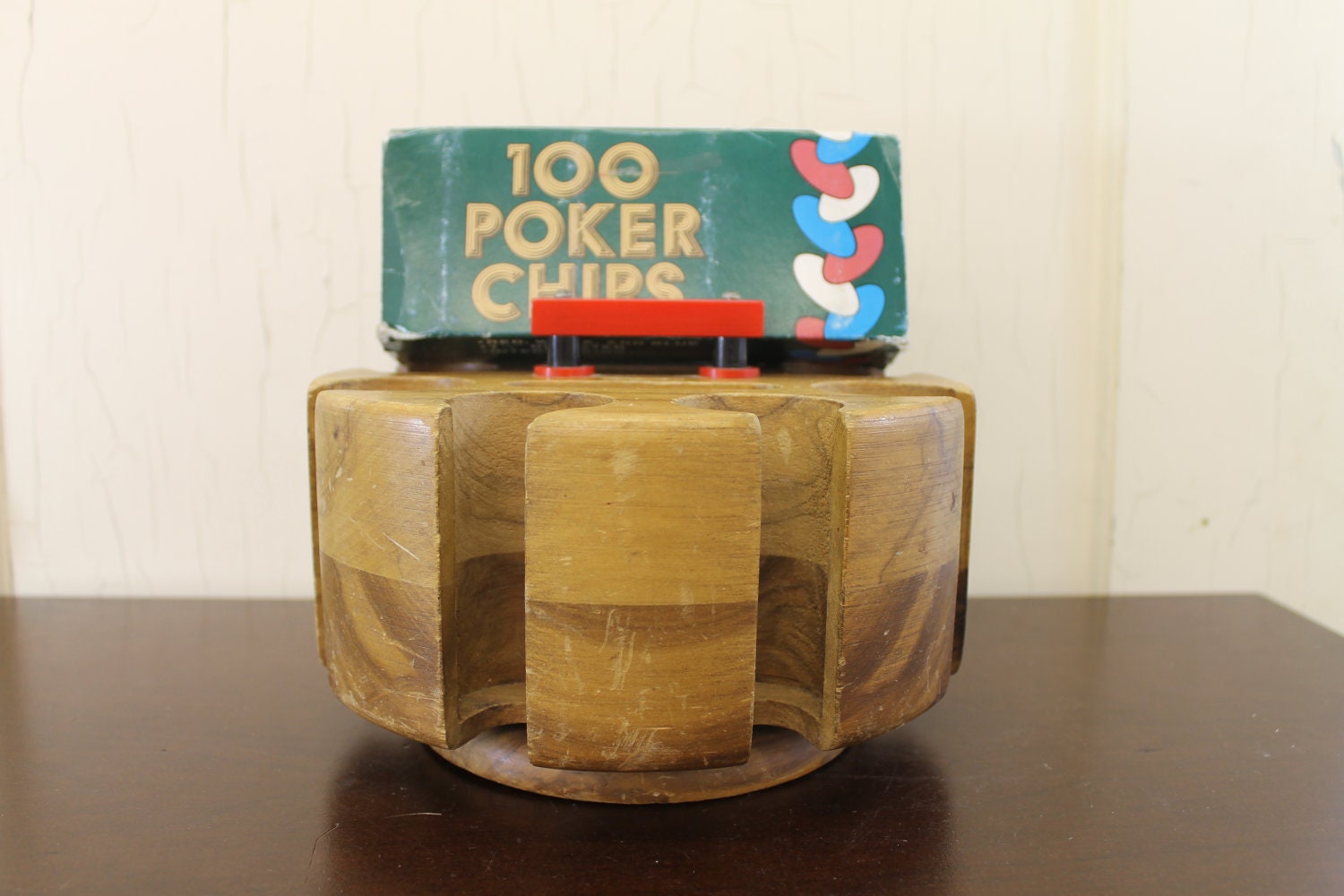 Vintage Wooden Poker Chip Holder w/ Box of by LittleRedHenVINTAGE