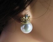 Bridal pearl stud gold earrings,  Gold Princess Crown with CZ stones and South sea shell pearls  - BE 650B