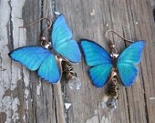 Blue Teal Butterfly Earrings with Clear Crystals Dangle Summer Trend